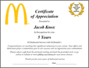 Service Award letter for McDonalds